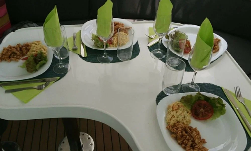 Lunch laid out on a catamaran table