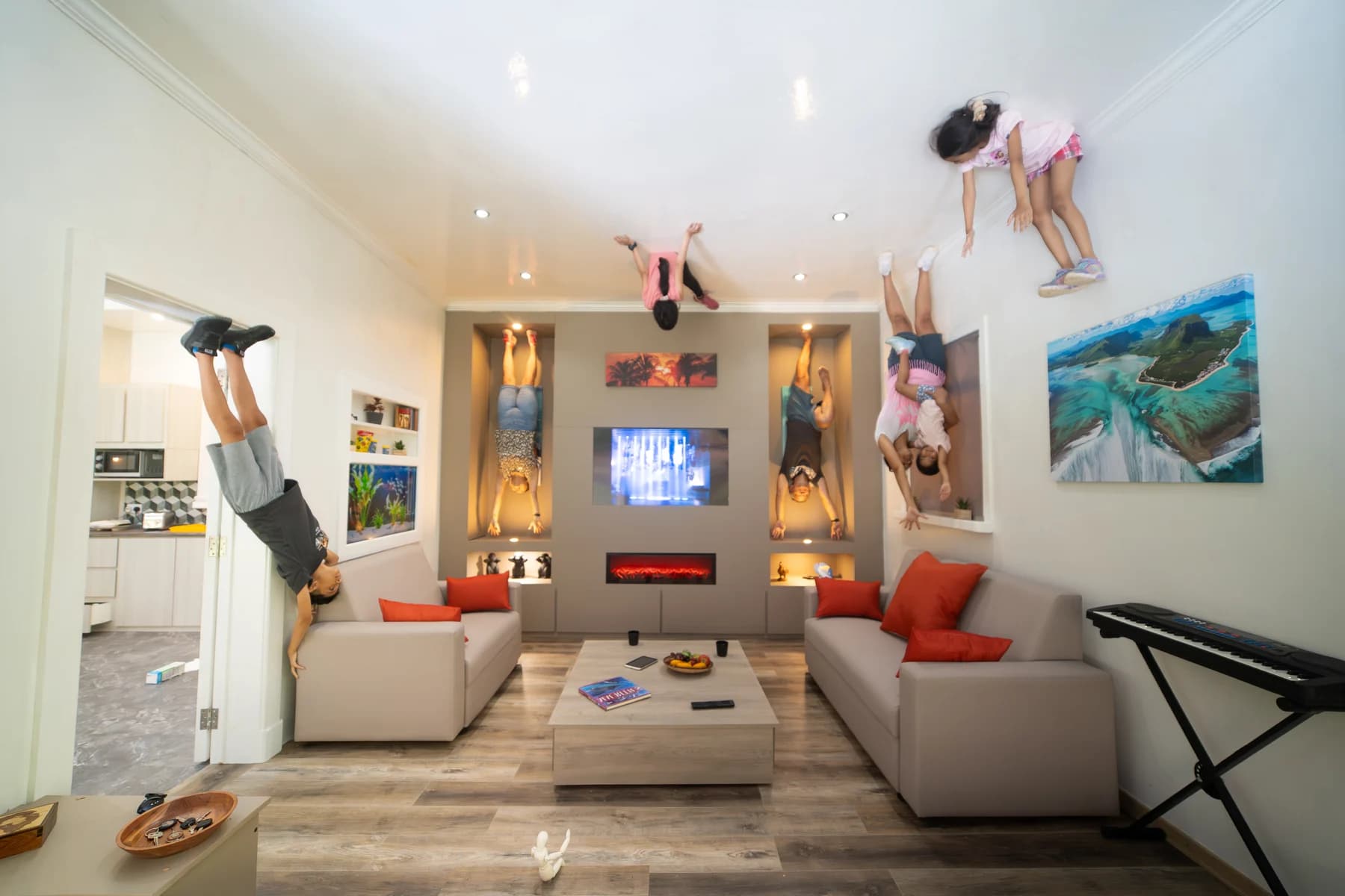 Visitors appear to float above the living room at Curious Mauritius