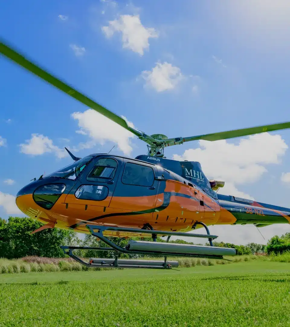 An MHL Airbus helicopter on the ground in Mauritius
