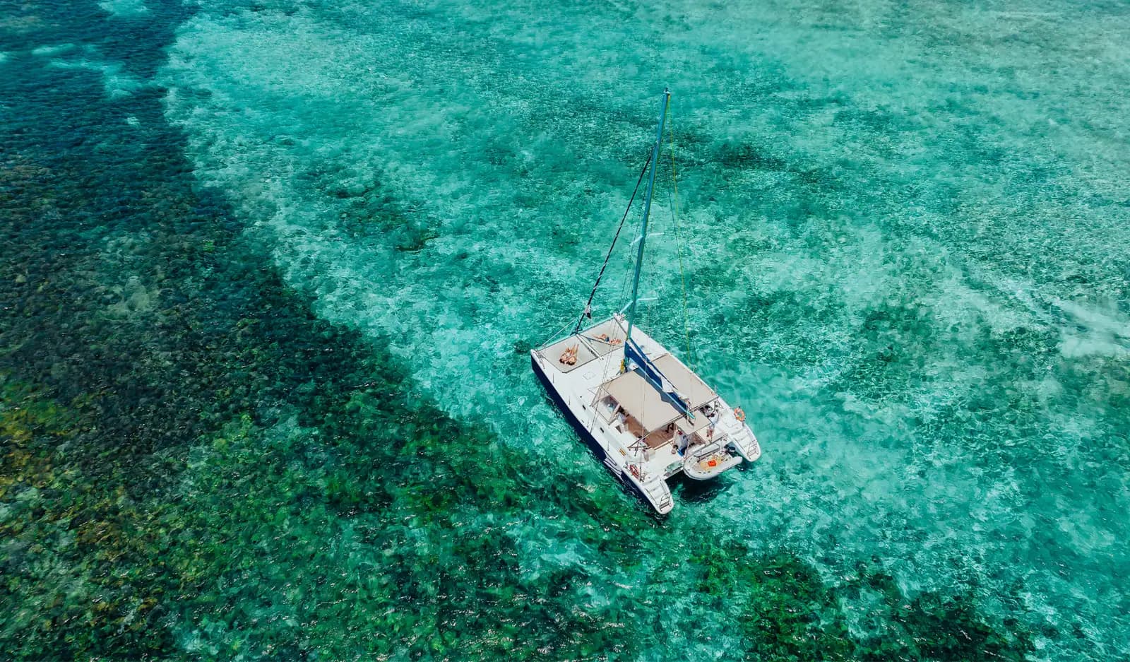 Un catamaran vu du ciel dans une eau limpide et peu profonde