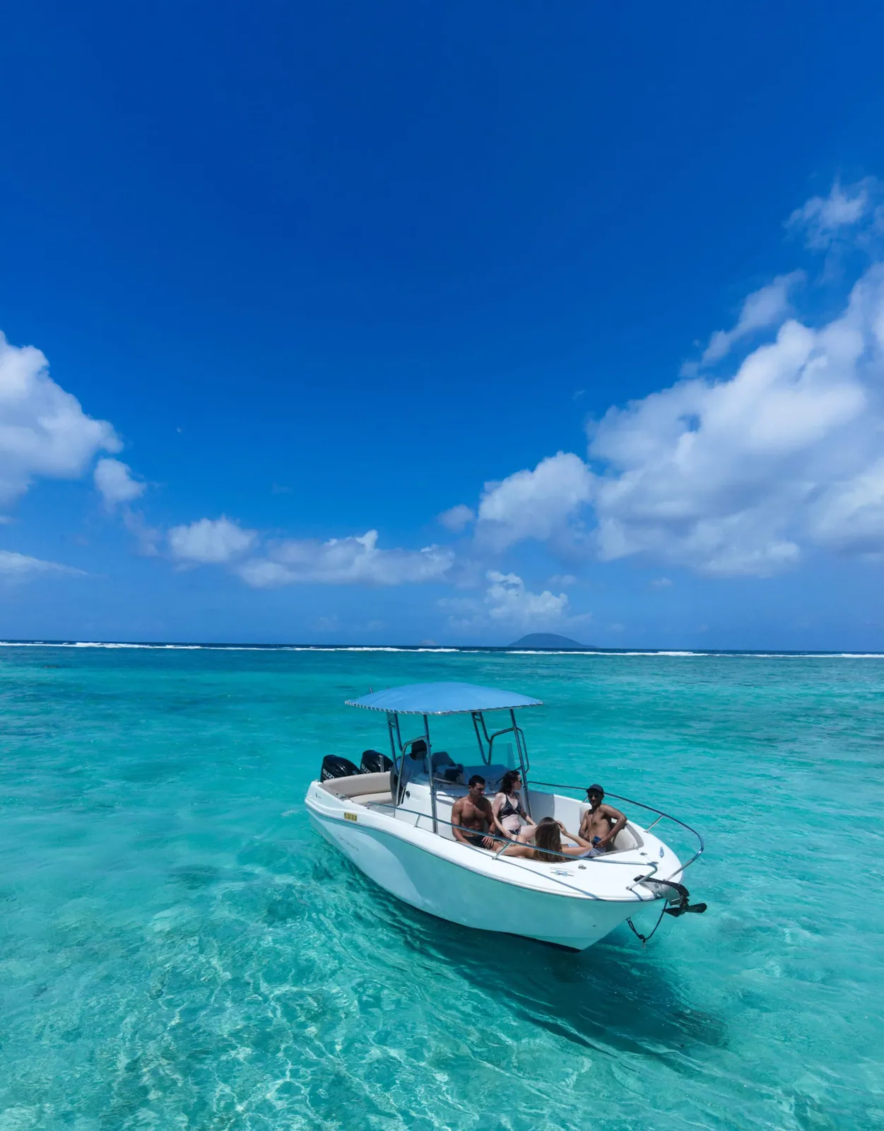 Un bateau à moteur ombragé flottant sur une eau turquoise et limpide