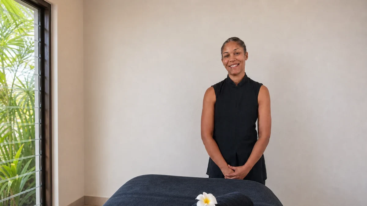 A massage practitioner beside a prepared table in a bright villa