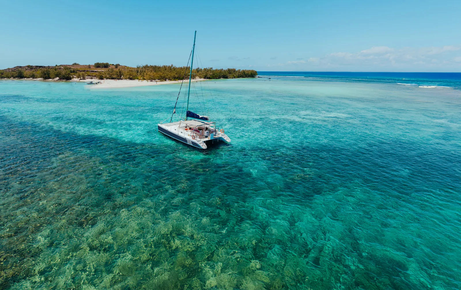 A catamaran on the water off Mauritius