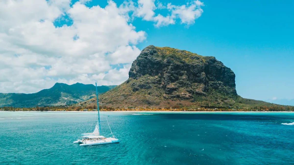 Un catamaran à voile devant la montagne du Morne