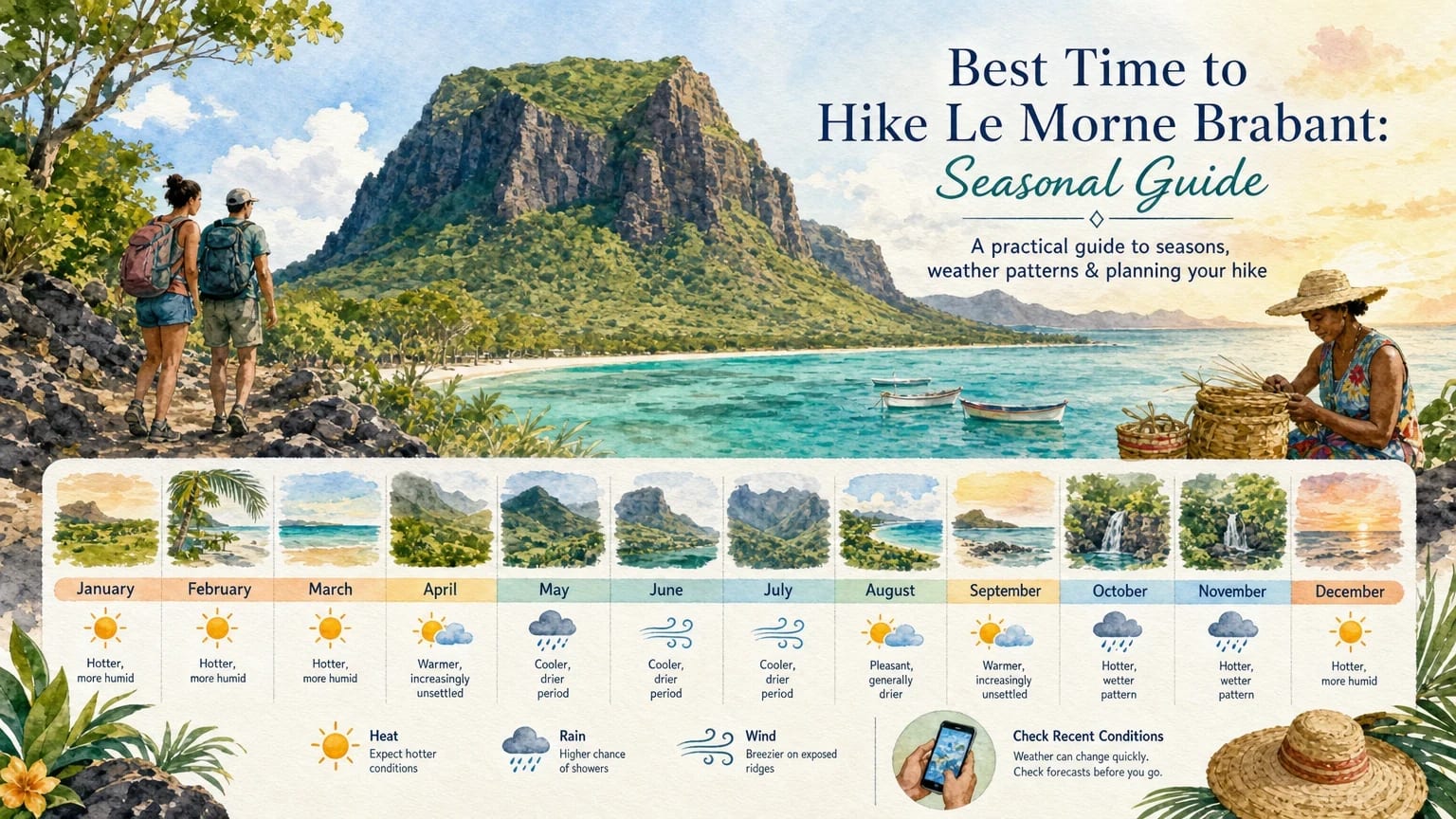 Month-by-month seasonal planning guide for hiking Le Morne Brabant