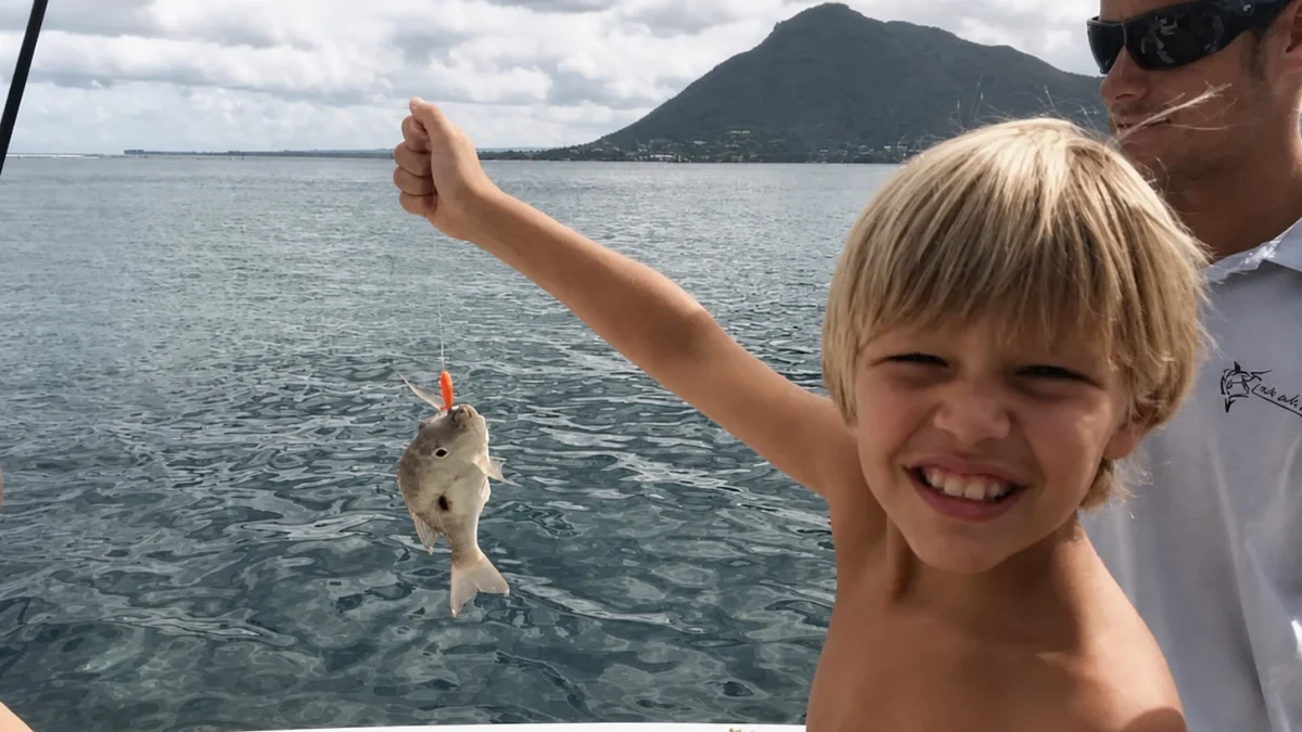 Un enfant montre sa petite prise pendant une sortie de pêche