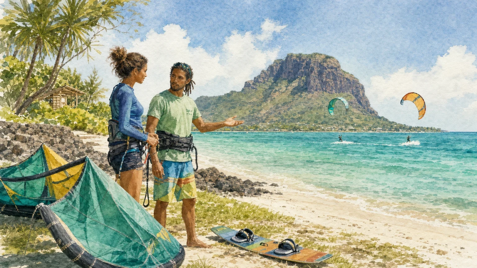 Kiteboarding instructor discussing equipment and conditions with a rider in Mauritius