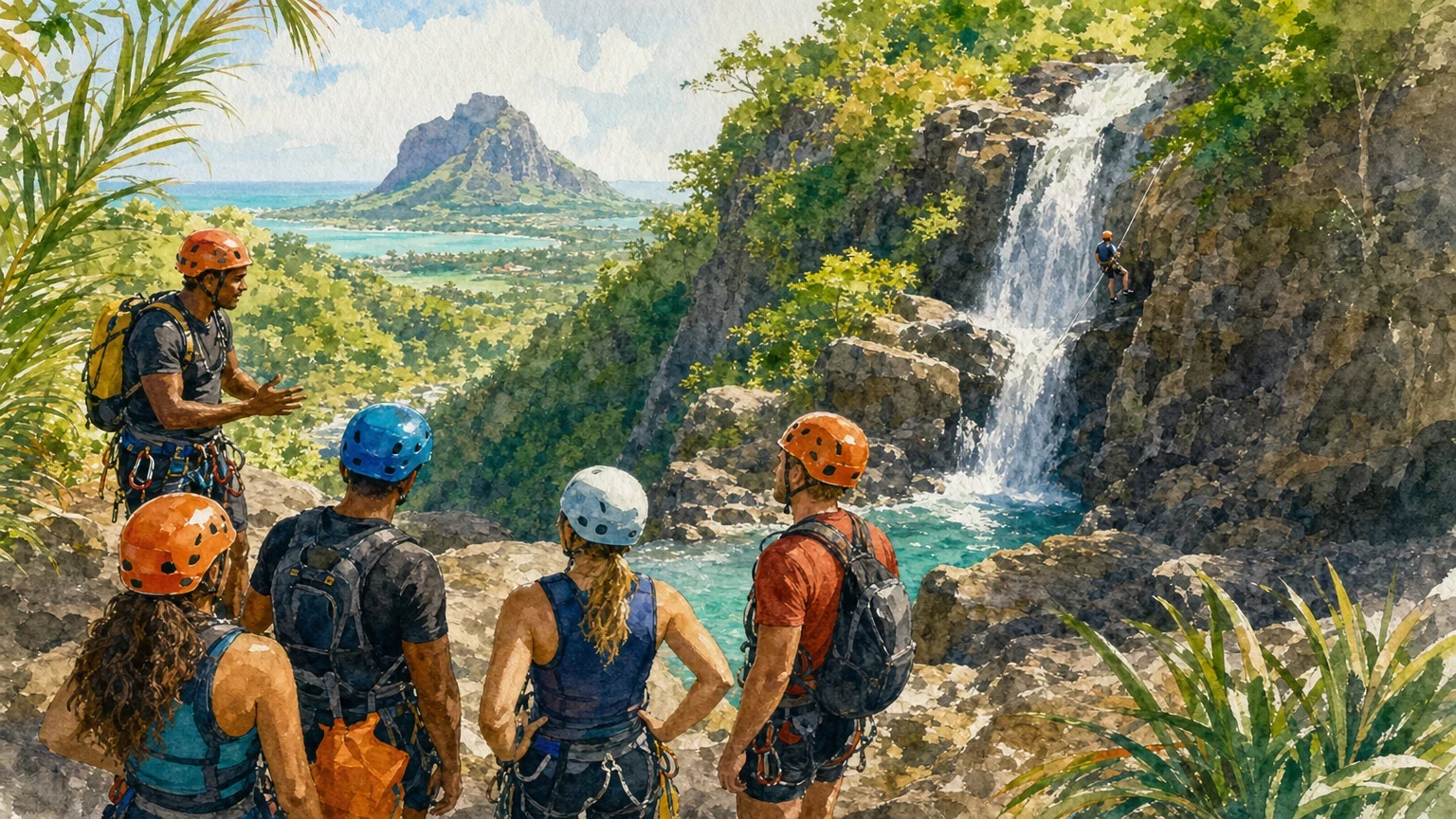 Guided canyoning group preparing for a Tamarind Falls canyon descent in Mauritius