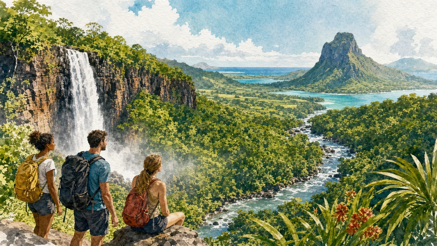 Waterfall valley landscape near Tamarind Falls in Mauritius